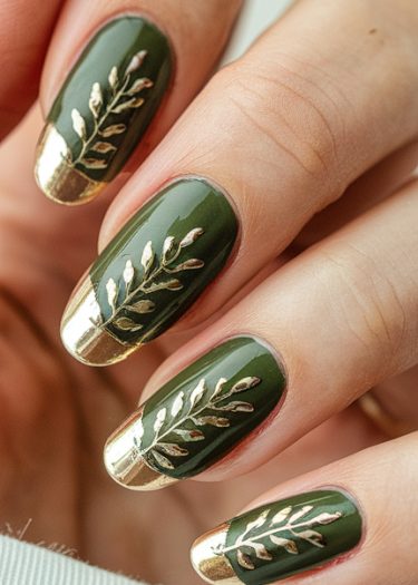 Elegant green and gold nail art featuring botanical designs and chic almond shapes.