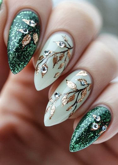 Elegant green glitter and cream nails with gold leaf and rhinestone accents in stunning design.