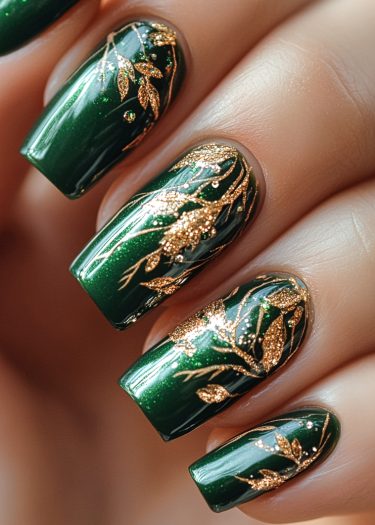 Elegant emerald green nails with intricate gold foil leaf designs showcase luxurious nail art.