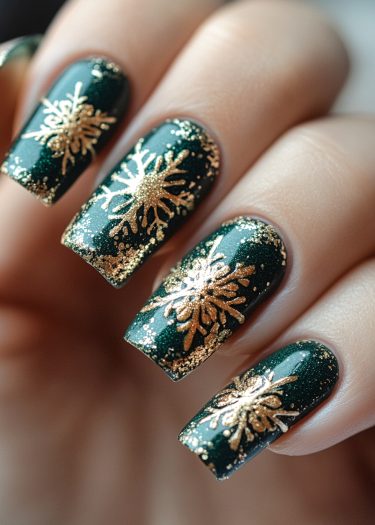 Elegant green and gold nail art featuring intricate snowflakes for a festive look.