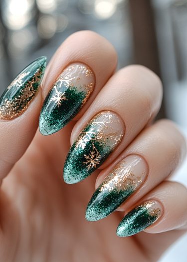 Elegant green and gold winter nail art with snowflake designs and a stunning gradient effect.