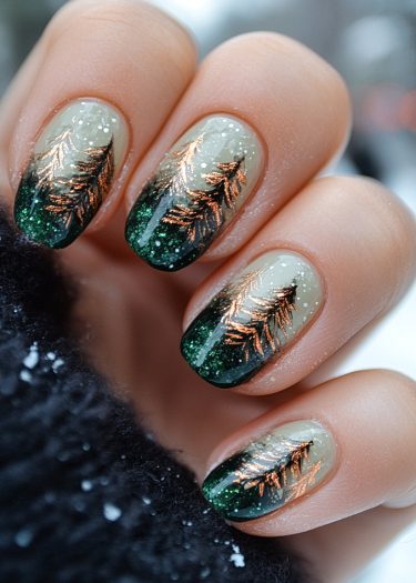 Elegant winter-themed green and gold nail art with snow-inspired designs and pine tree details.