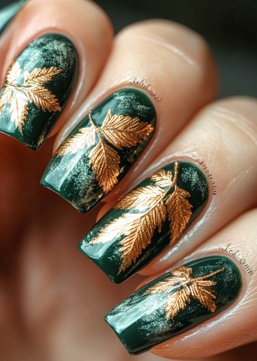 Elegant green nail art featuring luxurious golden leaf designs and subtle silver speckles.