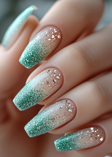 Elegant mint green gradient nails with holographic glitter and metallic accents for a chic look.