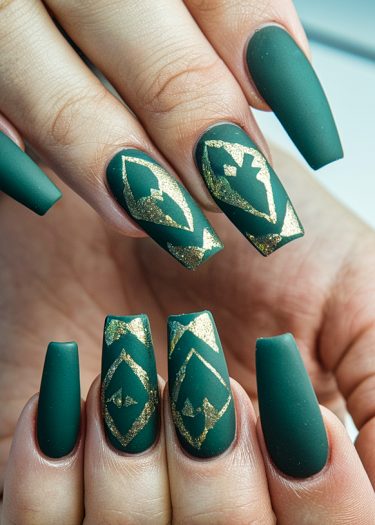 Sophisticated green matte nails with gold geometric designs for elegant nail art inspiration.