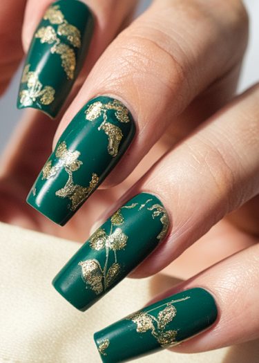 Elegant green nail art featuring intricate gold leaf design on perfectly manicured nails.