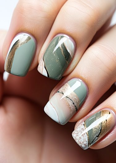 Elegant green nail art with gold accents and intricate marbled designs for a sophisticated look.