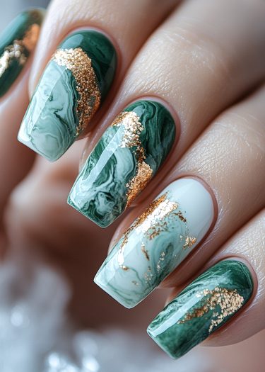 Elegant green nail art with marbled design and gold foil accents for a chic look.