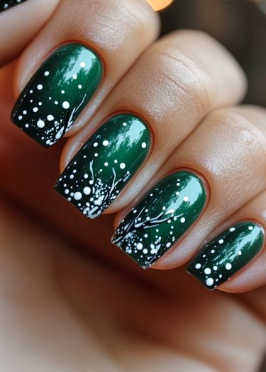 Elegant green nail art with winter-themed design, featuring white snowflake accents and detailed artistry.