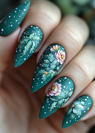 Elegant stiletto green nail art with floral designs and whimsical details in pastel colors.