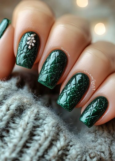 Elegant forest green nail art with shimmer and rhinestone embellishments on a cozy background.