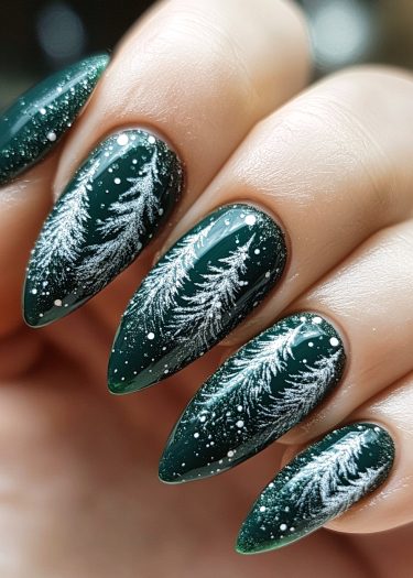 Elegant green nail art featuring intricate white pine branch designs and snowflakes for a festive look.