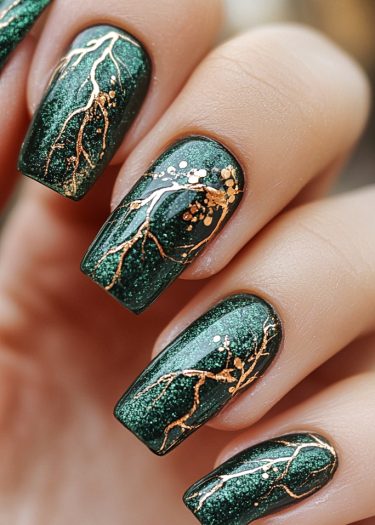 Elegant green nail art with gold floral designs for a sophisticated, nature-inspired look.