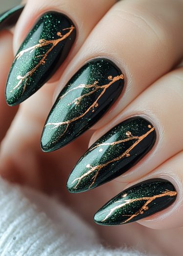 Stunning deep green glittery nail art with elegant gold branch designs on almond-shaped nails.