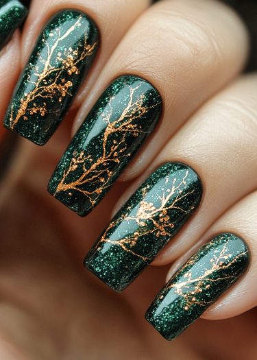 Stunning emerald green nail art with gold branches and glitter, perfect for elegant occasions.