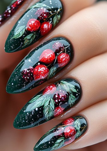 Elegant green nail art with berries and leaves, showcasing intricate designs and craftsmanship.