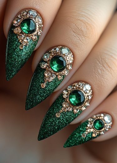 Elegant green nail design featuring glittery polish and gemstone embellishments for a luxurious look.