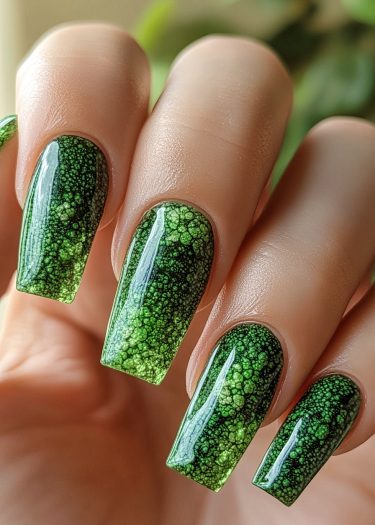 Elegant green nail art features intricate patterns and a glossy finish for stunning nails.