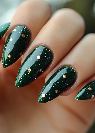 Elegant stiletto nails in deep green with festive white and gold accents for stylish flair.