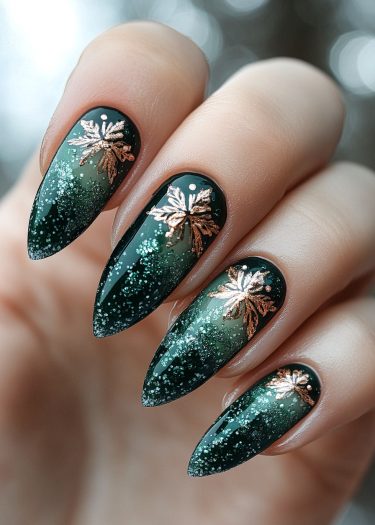 Elegant green ombre nail art with floral designs and glitter for a sophisticated manicure.