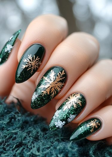 Elegant green nails with intricate snowflake designs for a festive winter look.