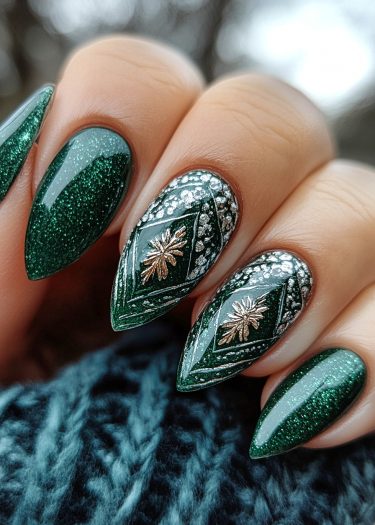 Elegant green stiletto nails with intricate silver and gold designs for a glamorous look.