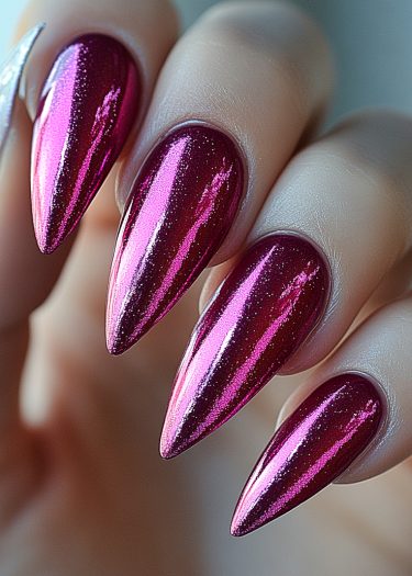 Stunning metallic magenta stiletto nails showcase chic, reflective nail art design.