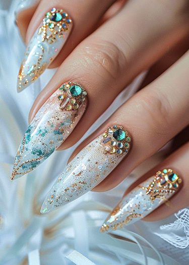 Elegant marble nail art featuring gold flakes, turquoise gemstones, and intricate designs.