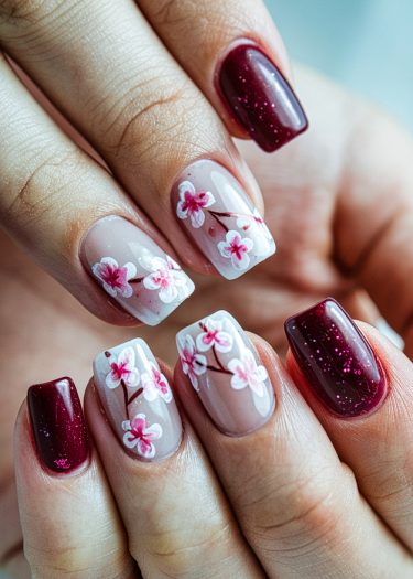 Elegant maroon and floral nail art design featuring glossy burgundy and soft pastel flowers.