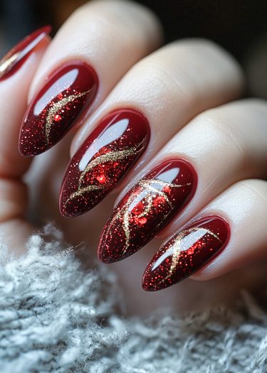 Elegant maroon nail art with gold glitter patterns on almond-shaped nails for a luxurious look.