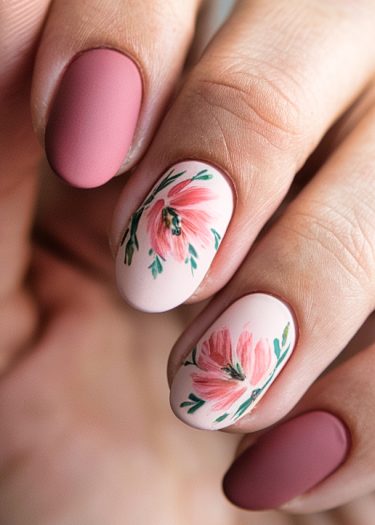 Artistic manicure featuring elegant matte nails and detailed floral designs in soft pink hues.