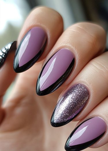 Elegant lavender almond-shaped nails with black borders and sparkling glitter accent nail.