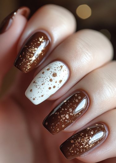 Elegant nail art featuring deep brown polish, glossy finish, and golden speckles for a trendy look.