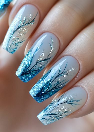 Elegant winter nail art with nude base, dark blue branches, and sparkling glitter tips.