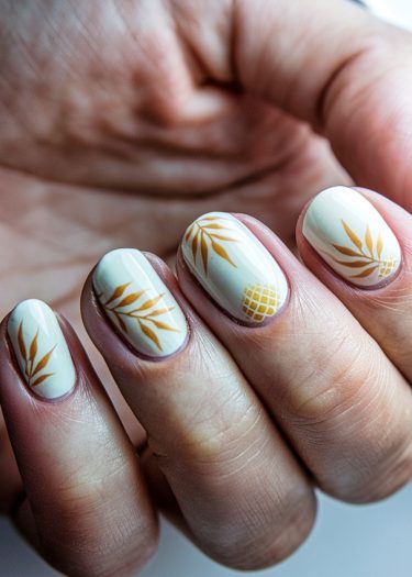 Elegant off-white nail art with mustard botanical designs for sophisticated style.