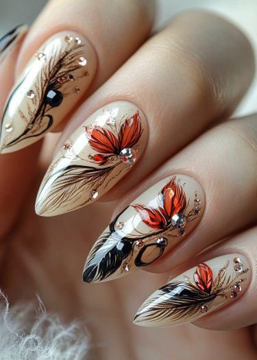 Elegant almond-shaped nail art featuring intricate feathers, vibrant floral accents, and sparkling rhinestones.