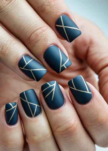 Stylish navy blue matte nails with gold geometric designs for an elegant manicure.