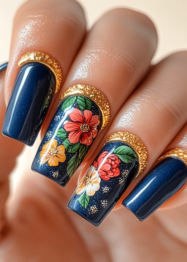 Elegant navy blue nails with intricate floral designs and gold glitter accents.