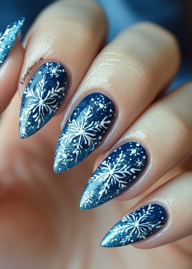 Elegant navy blue nails with intricate white snowflake designs for a winter-themed manicure.