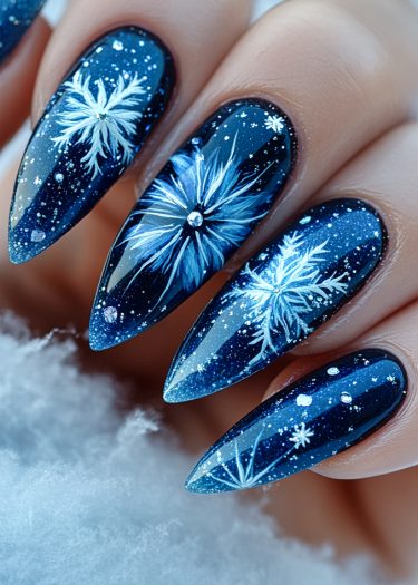 Elegant navy nails adorned with intricate snowflake designs and sparkling rhinestones for winter.