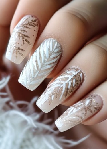 Elegant nude nail art featuring intricate metallic leaf designs on almond-shaped nails.