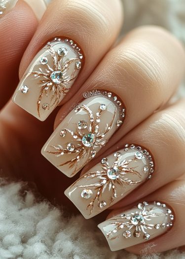 Elegant nude nail art featuring rhinestones and golden embellishments for a sophisticated look.