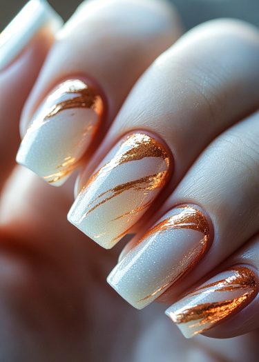 Elegant off-white nail art with metallic rose gold accents for a chic, modern look.