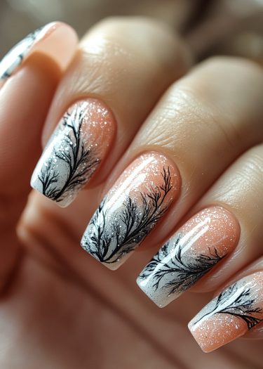 Elegant ombre nail art with intricate black tree branches and sparkling glitter accents.