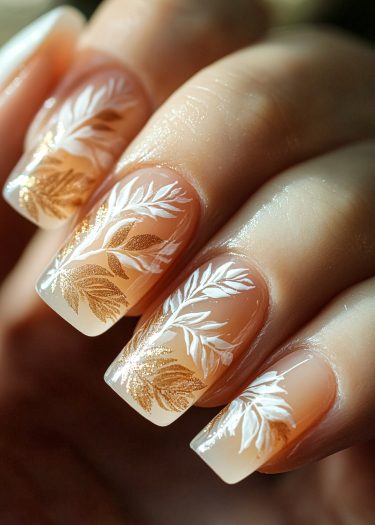 Elegant square-shaped nails featuring gold and white leaf designs on a nude base.