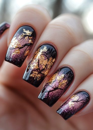 Elegant ombre nail art with black base, purple-pink gradient, and gold foil patterns.