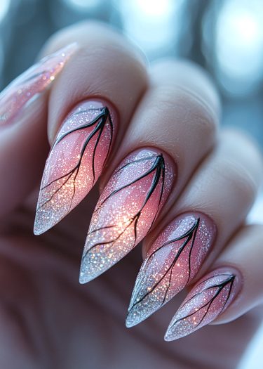 Elegant ombre nail art with pink gradient and black leaf designs on manicured almond nails.