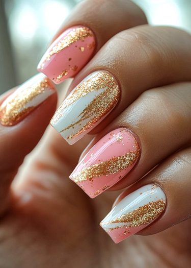 Elegant coffin-shaped nails with pink and white ombre design and stunning gold glitter accents.