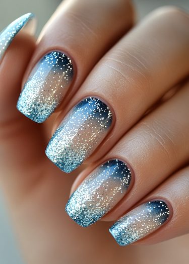 Elegant ombre nail art with glitter showcasing a stunning blue to silver gradient.