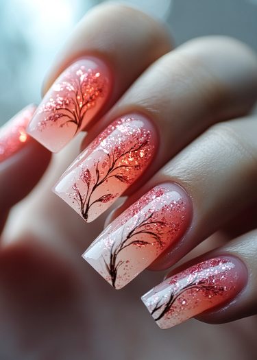 Chic ombre nail art with glitter and delicate black branch designs for an elegant look.